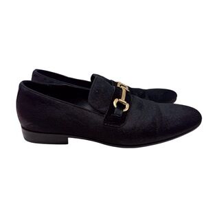 Aldo men’s black fur slip on dress loafers with gold tone buckle men’s size 9